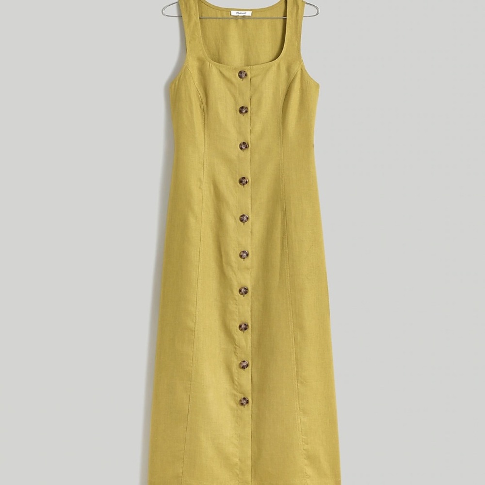 Madewell button-front linen chartreuse midi dress